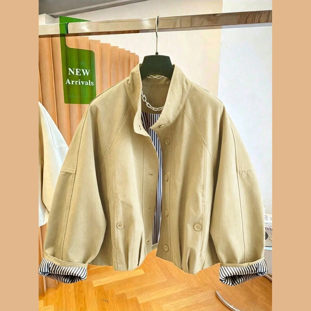 Khaki Stand Collar Striped Cuff Cropped Utility Windbreaker Jacket